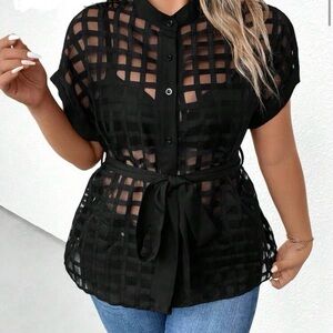 SHEIN Black Button Down Short Sleeve Top with Tie Front